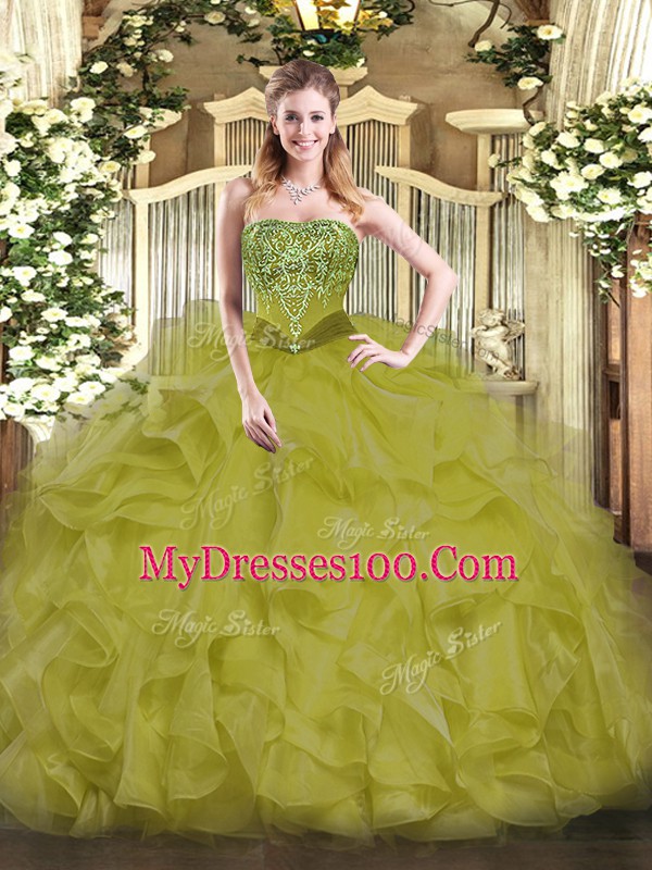 Dynamic Sleeveless Organza Floor Length Lace Up Vestidos de Quinceanera in Olive Green with Beading and Ruffles