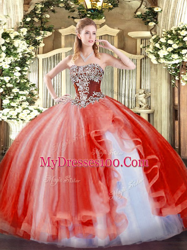 Excellent Coral Red Ball Gowns Strapless Sleeveless Tulle Floor Length Lace Up Beading and Ruffles Quinceanera Dresses