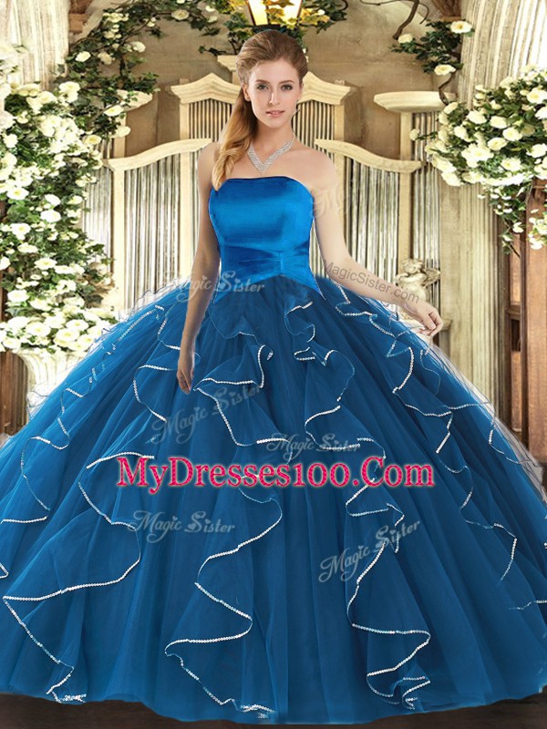 Blue Ball Gowns Tulle Strapless Sleeveless Ruffles Floor Length Lace Up Quince Ball Gowns