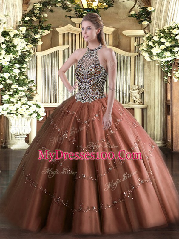 Fancy Tulle Halter Top Sleeveless Lace Up Beading 15 Quinceanera Dress in Chocolate