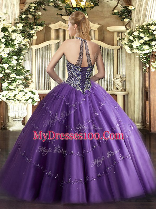 Fancy Tulle Halter Top Sleeveless Lace Up Beading 15 Quinceanera Dress in Chocolate