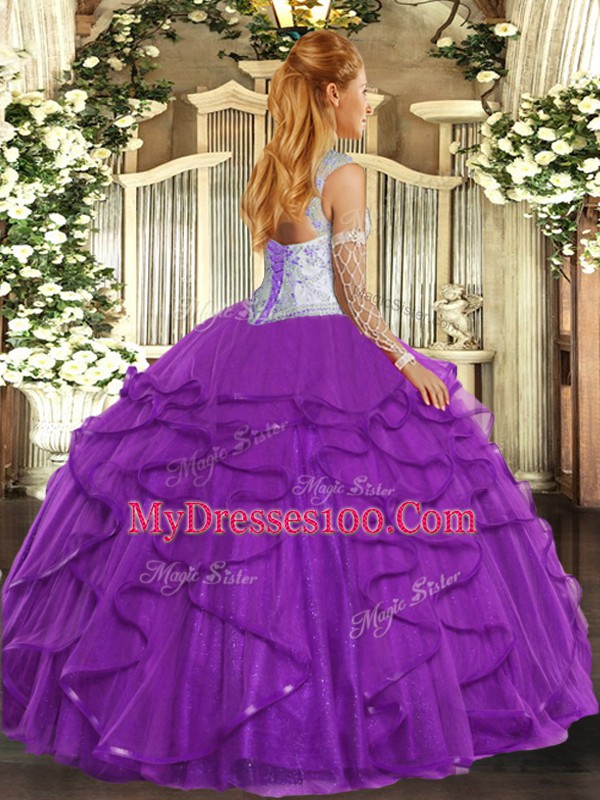 Fantastic Sleeveless Tulle Floor Length Lace Up Quinceanera Dress in Blue with Beading and Ruffles
