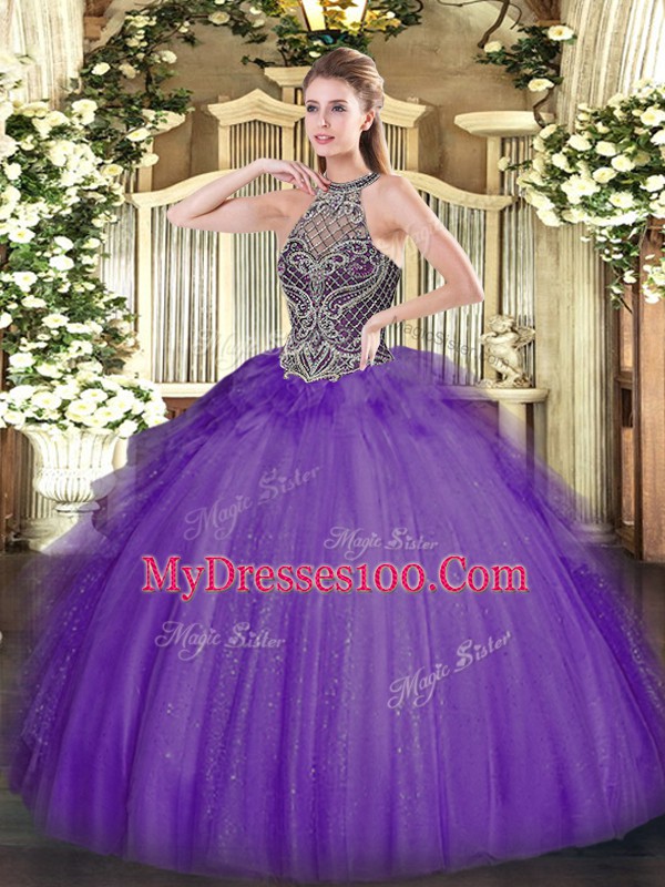 Ball Gowns Quinceanera Dresses Lavender Halter Top Tulle Sleeveless Floor Length Lace Up
