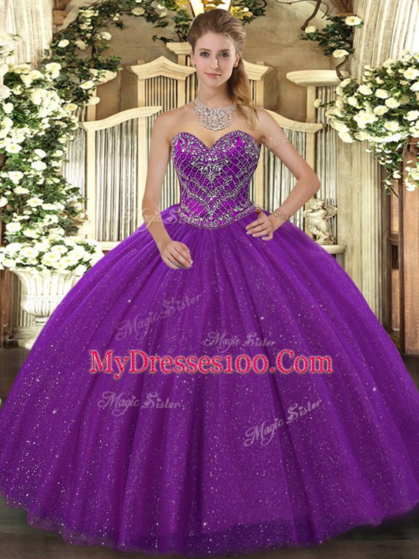Sweetheart Sleeveless Tulle 15 Quinceanera Dress Beading Lace Up