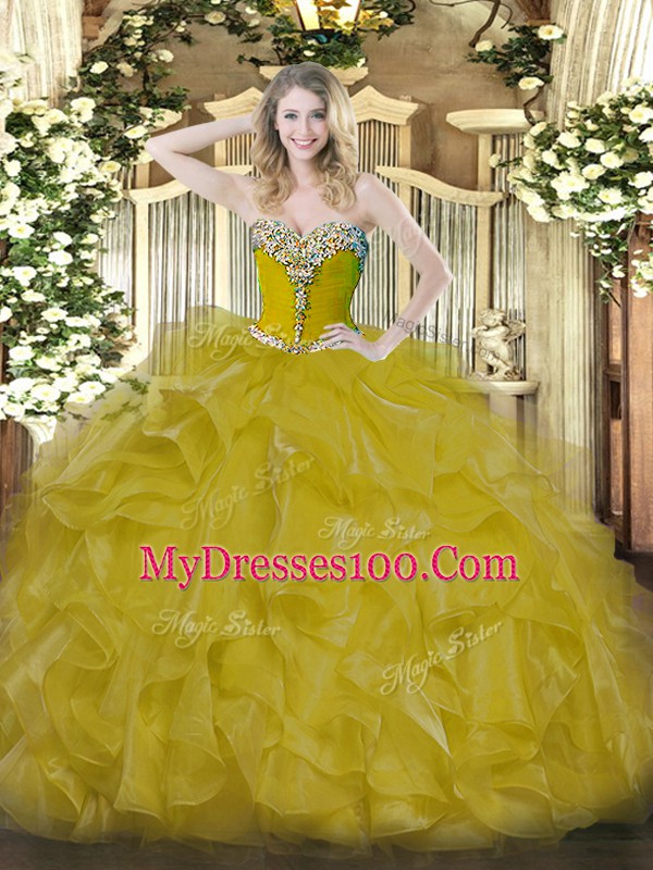 Romantic Gold Lace Up Quince Ball Gowns Beading Sleeveless Floor Length