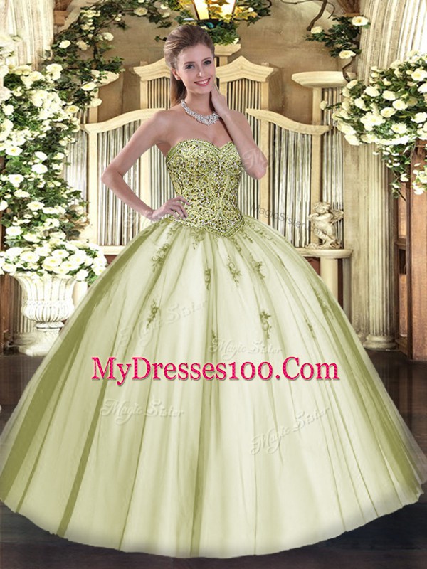Inexpensive Sweetheart Sleeveless Lace Up Quinceanera Dresses Olive Green Tulle