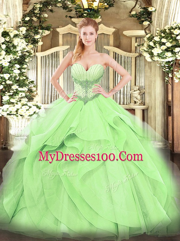 Affordable Yellow Green Sleeveless Beading and Ruffles Floor Length Quinceanera Gowns