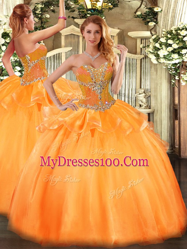 Sleeveless Tulle Floor Length Lace Up Quinceanera Gown in Orange with Beading