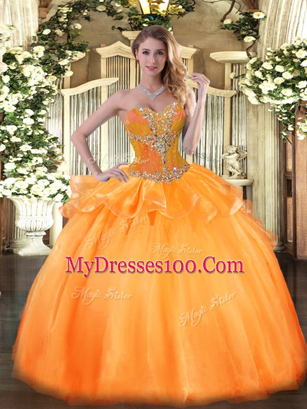 Sleeveless Tulle Floor Length Lace Up Quinceanera Gown in Orange with Beading