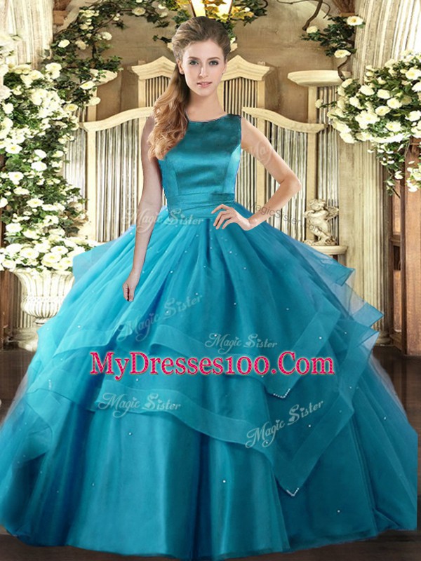 Ruffled Layers Ball Gown Prom Dress Teal Lace Up Sleeveless Floor Length