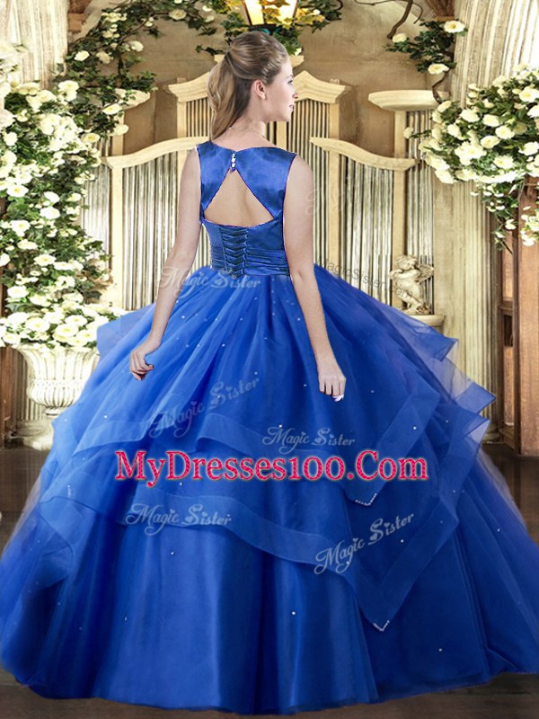 Ruffled Layers Ball Gown Prom Dress Teal Lace Up Sleeveless Floor Length