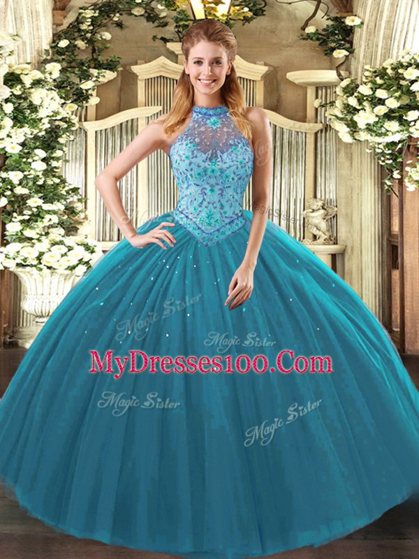 Teal Lace Up Halter Top Beading and Embroidery Vestidos de Quinceanera Tulle Sleeveless