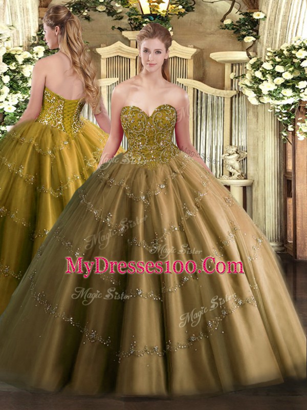 Glamorous Tulle Sweetheart Sleeveless Lace Up Appliques Quinceanera Gowns in Brown