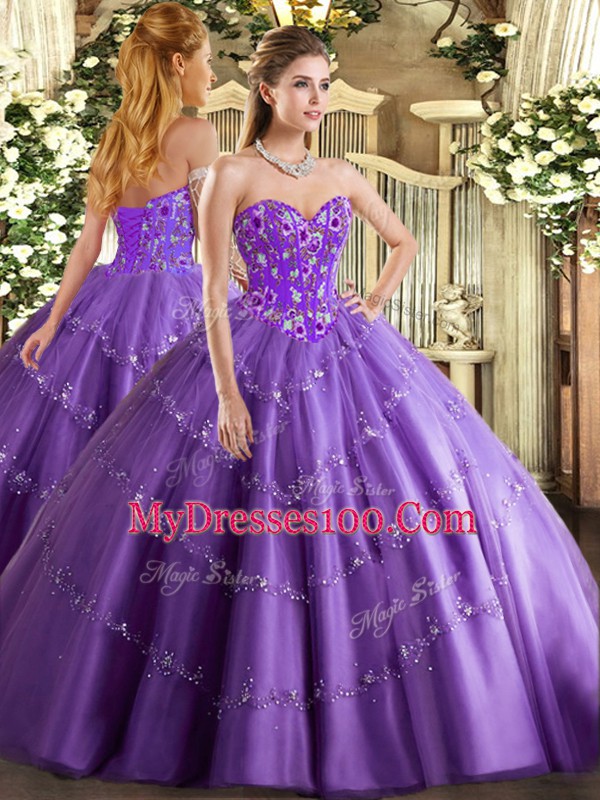 Tulle Sleeveless Floor Length Vestidos de Quinceanera and Appliques and Embroidery
