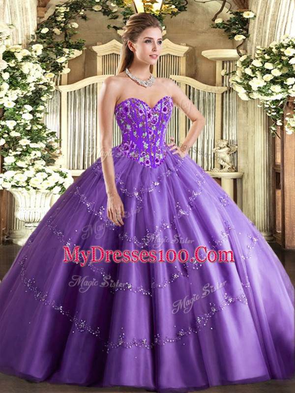 Tulle Sleeveless Floor Length Vestidos de Quinceanera and Appliques and Embroidery