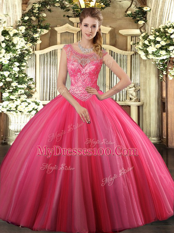 Coral Red 15 Quinceanera Dress Sweet 16 and Quinceanera with Beading Scoop Sleeveless Lace Up