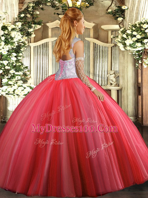 Coral Red 15 Quinceanera Dress Sweet 16 and Quinceanera with Beading Scoop Sleeveless Lace Up