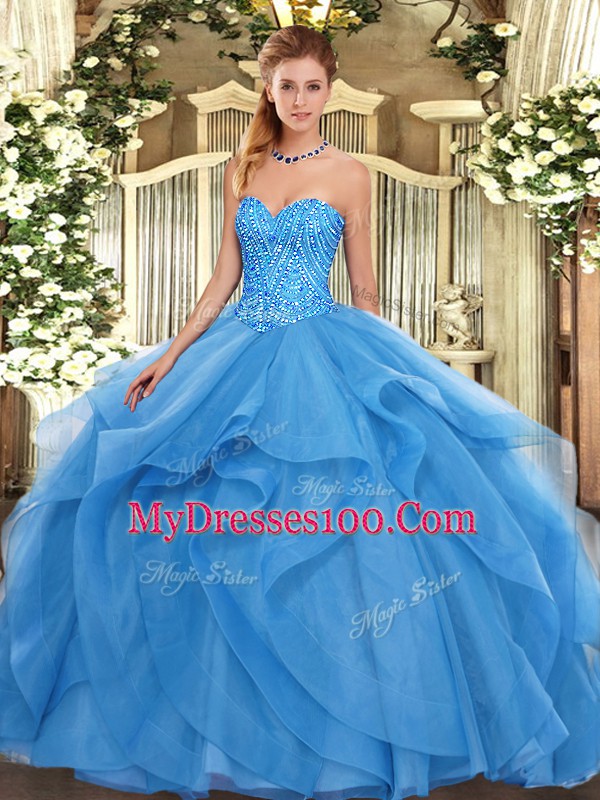 Baby Blue Ball Gowns Beading and Ruffles Quinceanera Dress Lace Up Tulle Sleeveless Floor Length