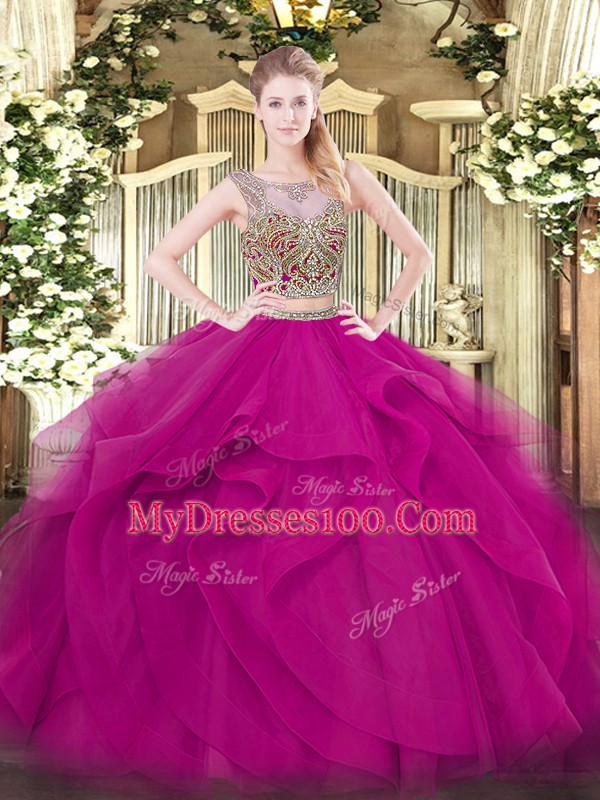 Fuchsia Sleeveless Tulle Lace Up Quince Ball Gowns for Military Ball and Sweet 16 and Quinceanera