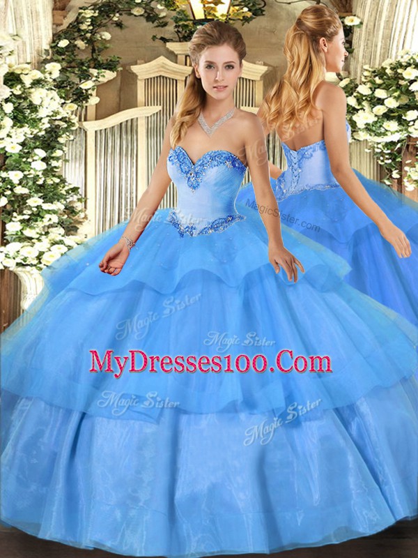 Baby Blue Sweetheart Neckline Beading and Ruffled Layers Quinceanera Dresses Sleeveless Lace Up