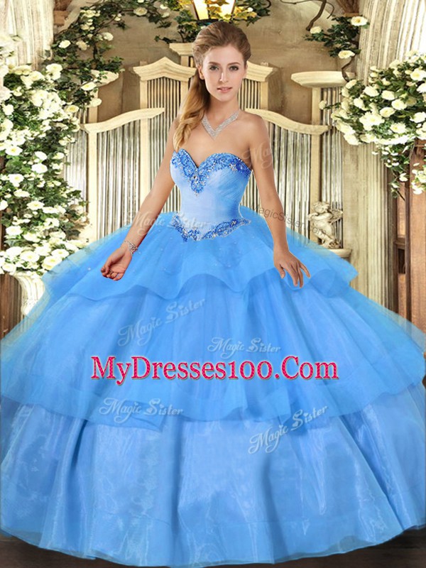 Baby Blue Sweetheart Neckline Beading and Ruffled Layers Quinceanera Dresses Sleeveless Lace Up