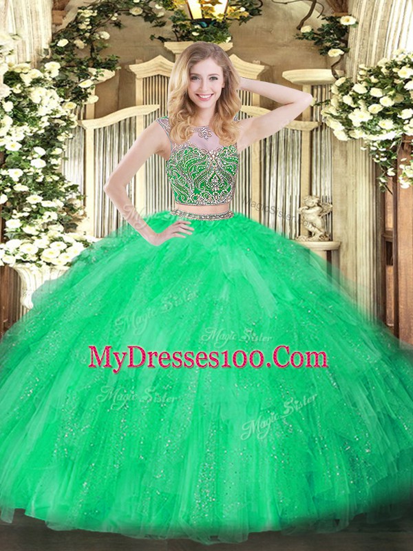 Customized Green Two Pieces Beading and Ruffles Ball Gown Prom Dress Lace Up Tulle Sleeveless Floor Length