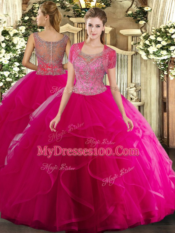 Hot Pink Scoop Clasp Handle Beading and Ruffled Layers Vestidos de Quinceanera Sleeveless