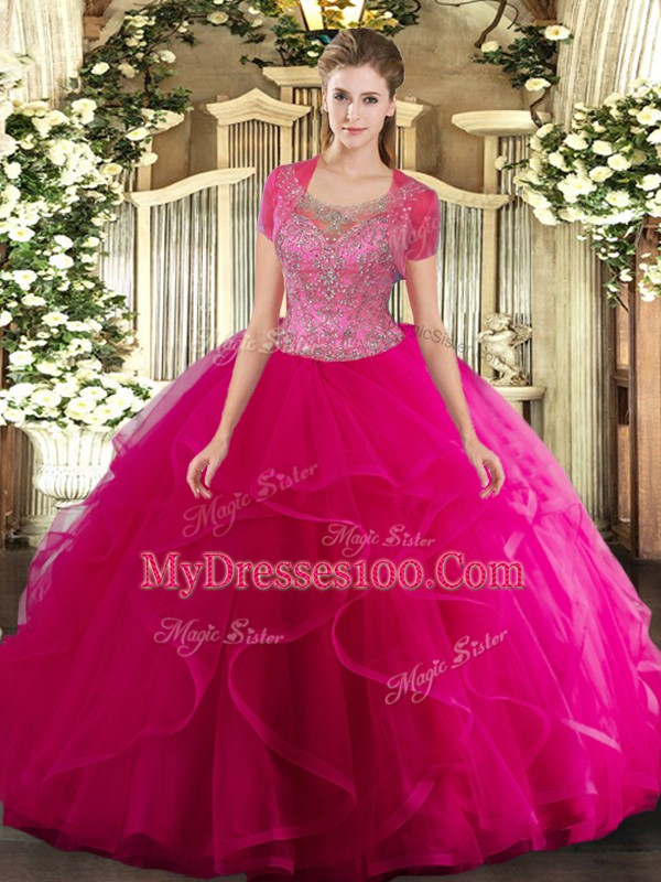 Hot Pink Scoop Clasp Handle Beading and Ruffled Layers Vestidos de Quinceanera Sleeveless