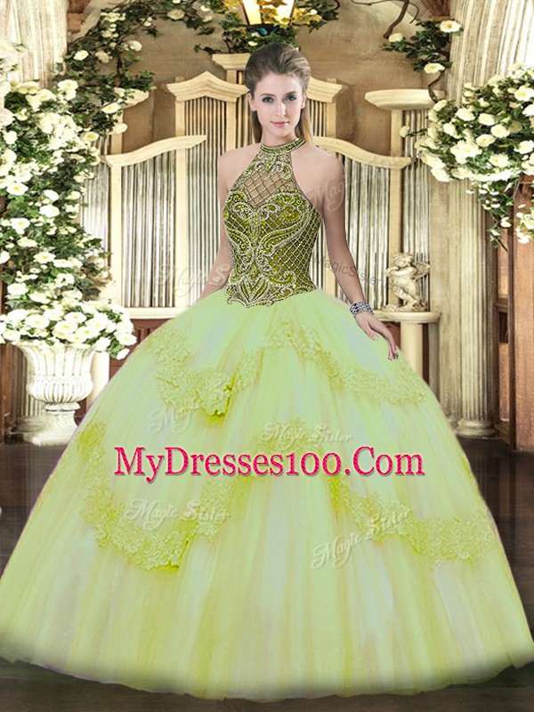 Beauteous Light Yellow Ball Gowns Tulle Halter Top Sleeveless Beading and Appliques Floor Length Lace Up Quinceanera Dresses