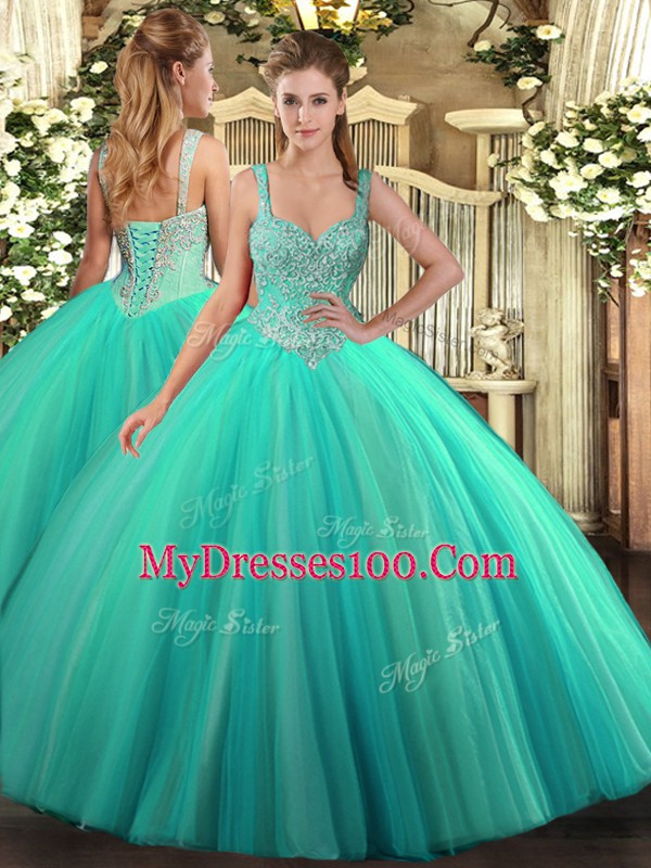 Sleeveless Tulle Floor Length Lace Up Vestidos de Quinceanera in Turquoise with Beading