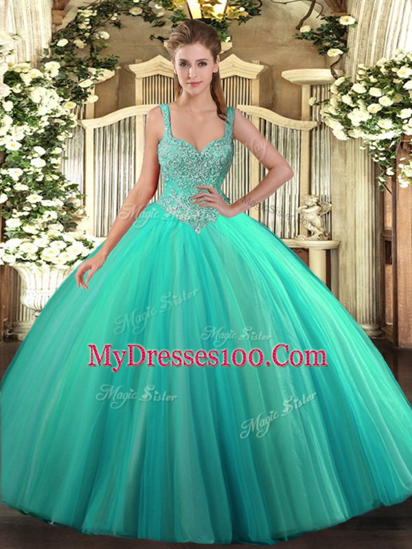 Sleeveless Tulle Floor Length Lace Up Vestidos de Quinceanera in Turquoise with Beading
