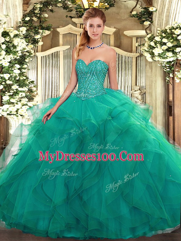 Turquoise Lace Up Sweetheart Beading and Ruffles Quince Ball Gowns Tulle Sleeveless