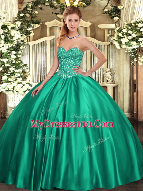 High Class Sleeveless Floor Length Beading Lace Up Vestidos de Quinceanera with Turquoise