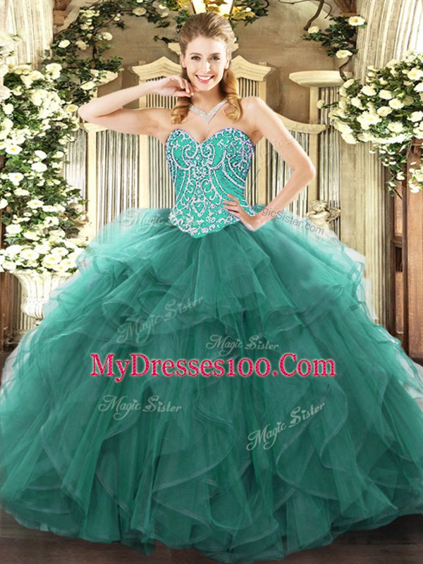 Dynamic Turquoise Ball Gowns Sweetheart Sleeveless Tulle Floor Length Lace Up Beading and Ruffles Ball Gown Prom Dress
