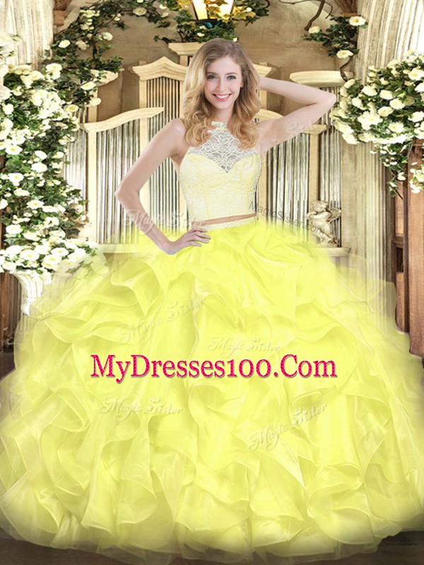 Glamorous Floor Length Yellow Quince Ball Gowns Organza Sleeveless Lace and Ruffles