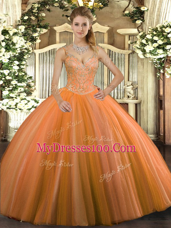Nice Orange Red Ball Gowns Tulle V-neck Sleeveless Beading Floor Length Lace Up Quinceanera Dresses