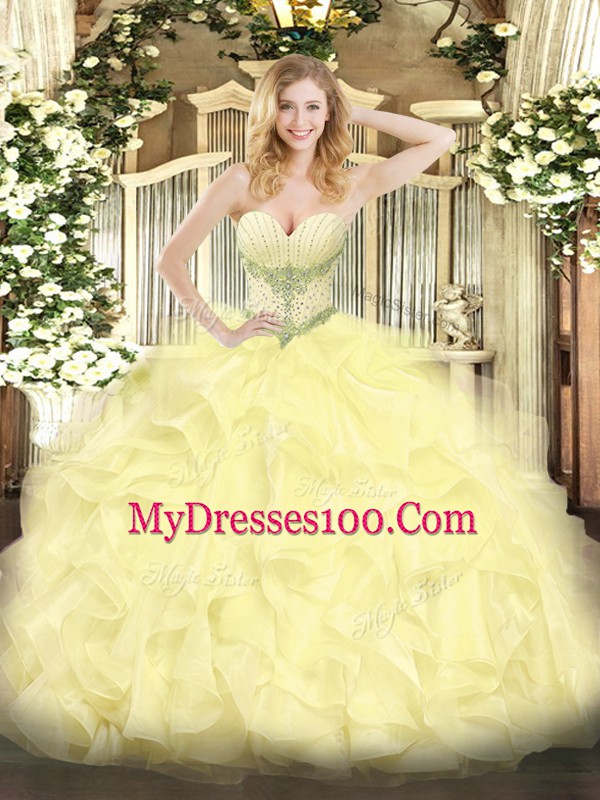 Sleeveless Floor Length Beading and Ruffles Lace Up Ball Gown Prom Dress with Yellow