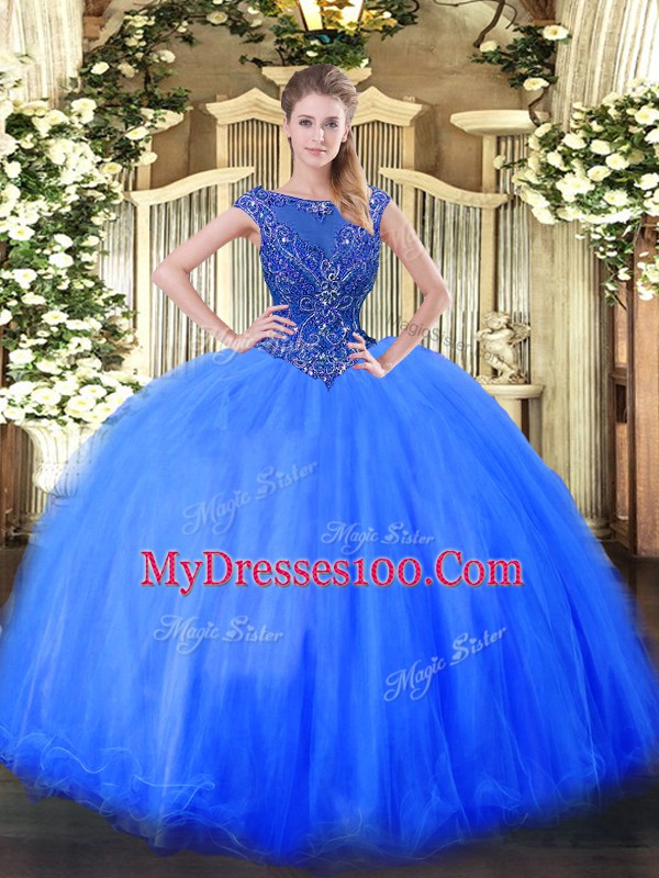 Scoop Cap Sleeves Zipper Quince Ball Gowns Blue Tulle