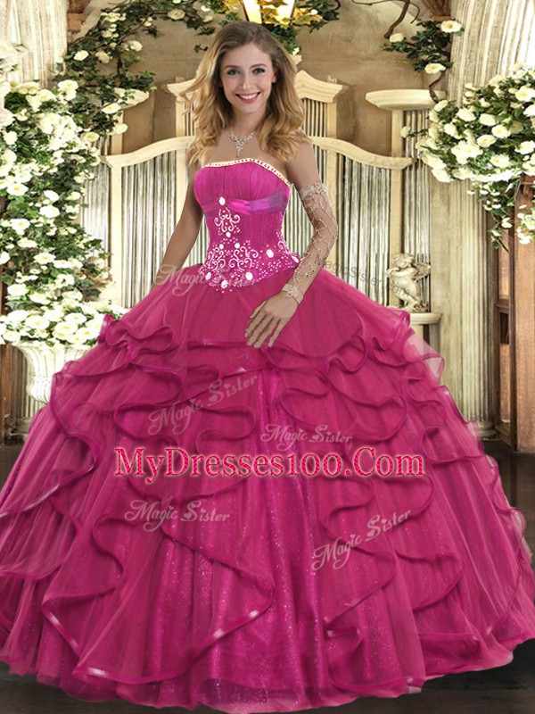 Hot Pink Quinceanera Gown Military Ball and Sweet 16 and Quinceanera with Beading and Ruffles Strapless Sleeveless Zipper