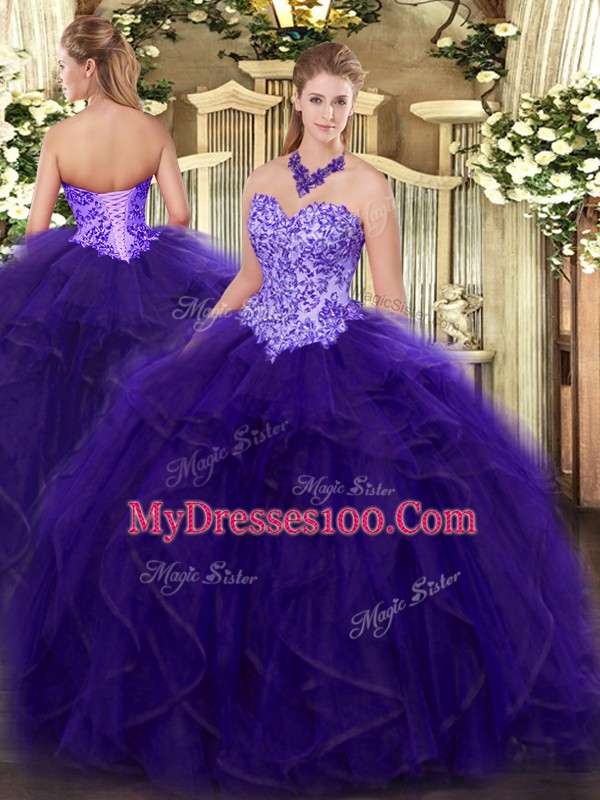 Fabulous Floor Length Purple 15th Birthday Dress Organza Sleeveless Appliques and Ruffles