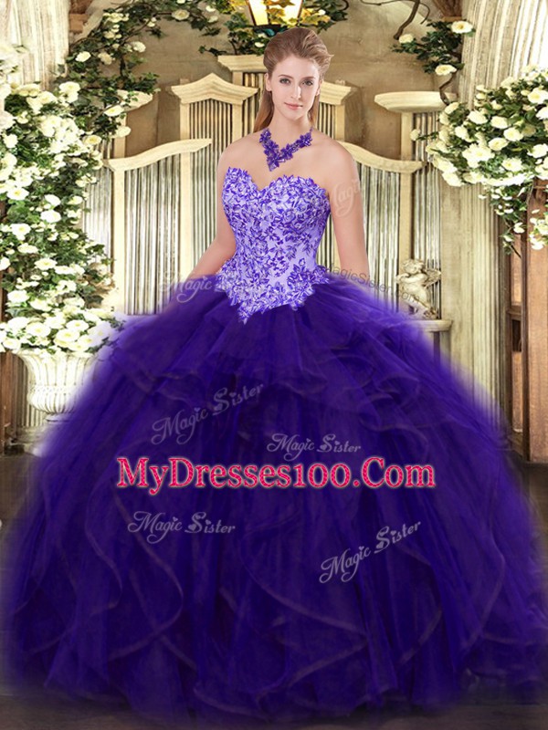 Fabulous Floor Length Purple 15th Birthday Dress Organza Sleeveless Appliques and Ruffles