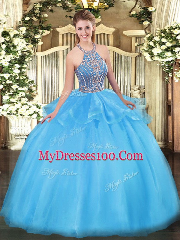 Aqua Blue Sleeveless Tulle Lace Up 15th Birthday Dress for Military Ball and Sweet 16 and Quinceanera