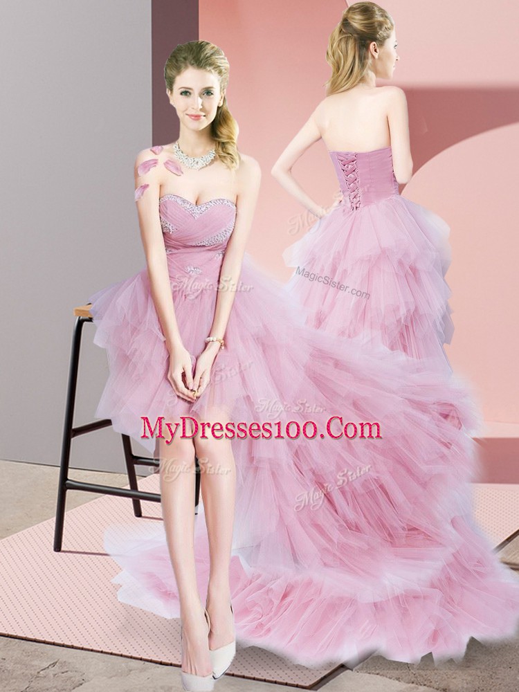Customized Baby Pink Lace Up Prom Dress Beading Sleeveless High Low