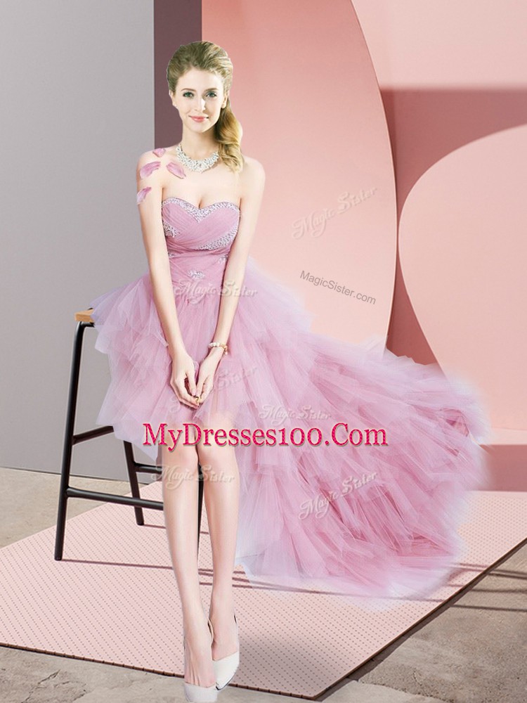Customized Baby Pink Lace Up Prom Dress Beading Sleeveless High Low