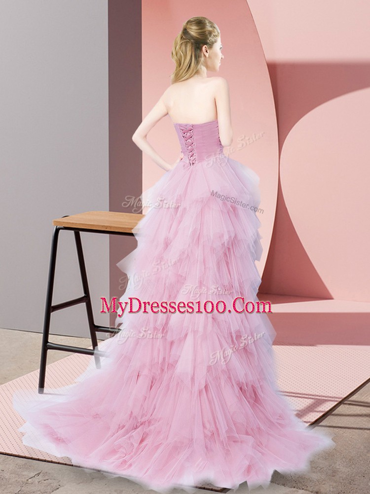 Customized Baby Pink Lace Up Prom Dress Beading Sleeveless High Low
