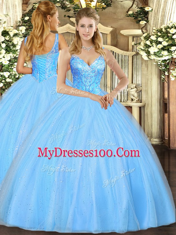 Amazing Aqua Blue Lace Up 15th Birthday Dress Beading Sleeveless Floor Length