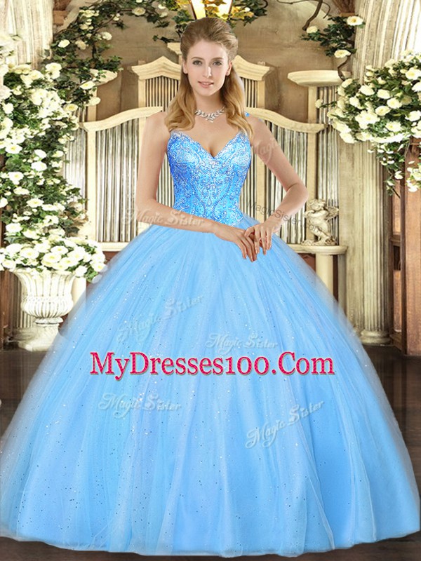 Amazing Aqua Blue Lace Up 15th Birthday Dress Beading Sleeveless Floor Length