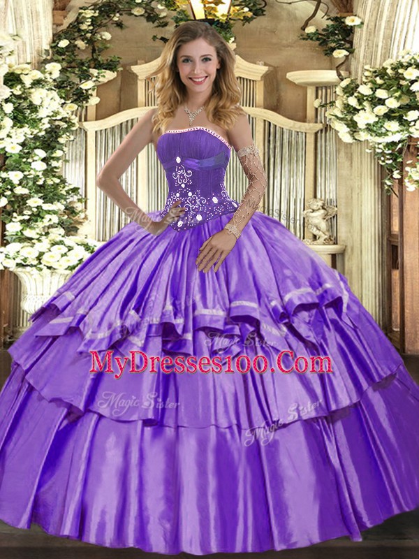 Sleeveless Organza and Taffeta Floor Length Lace Up Quince Ball Gowns in Lavender with Beading and Ruffled Layers