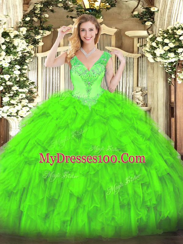 Lace Up Quince Ball Gowns Beading and Ruffles Sleeveless Floor Length