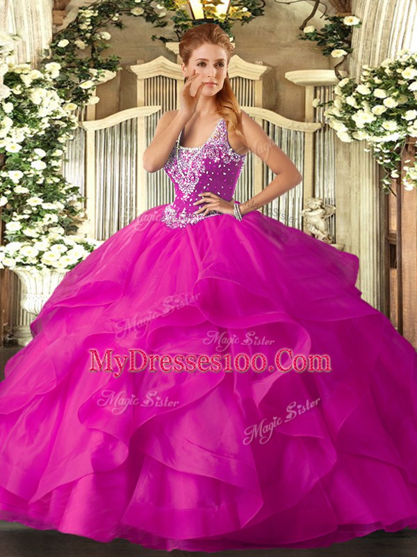 Floor Length Fuchsia Quinceanera Gowns Tulle Sleeveless Beading and Ruffles
